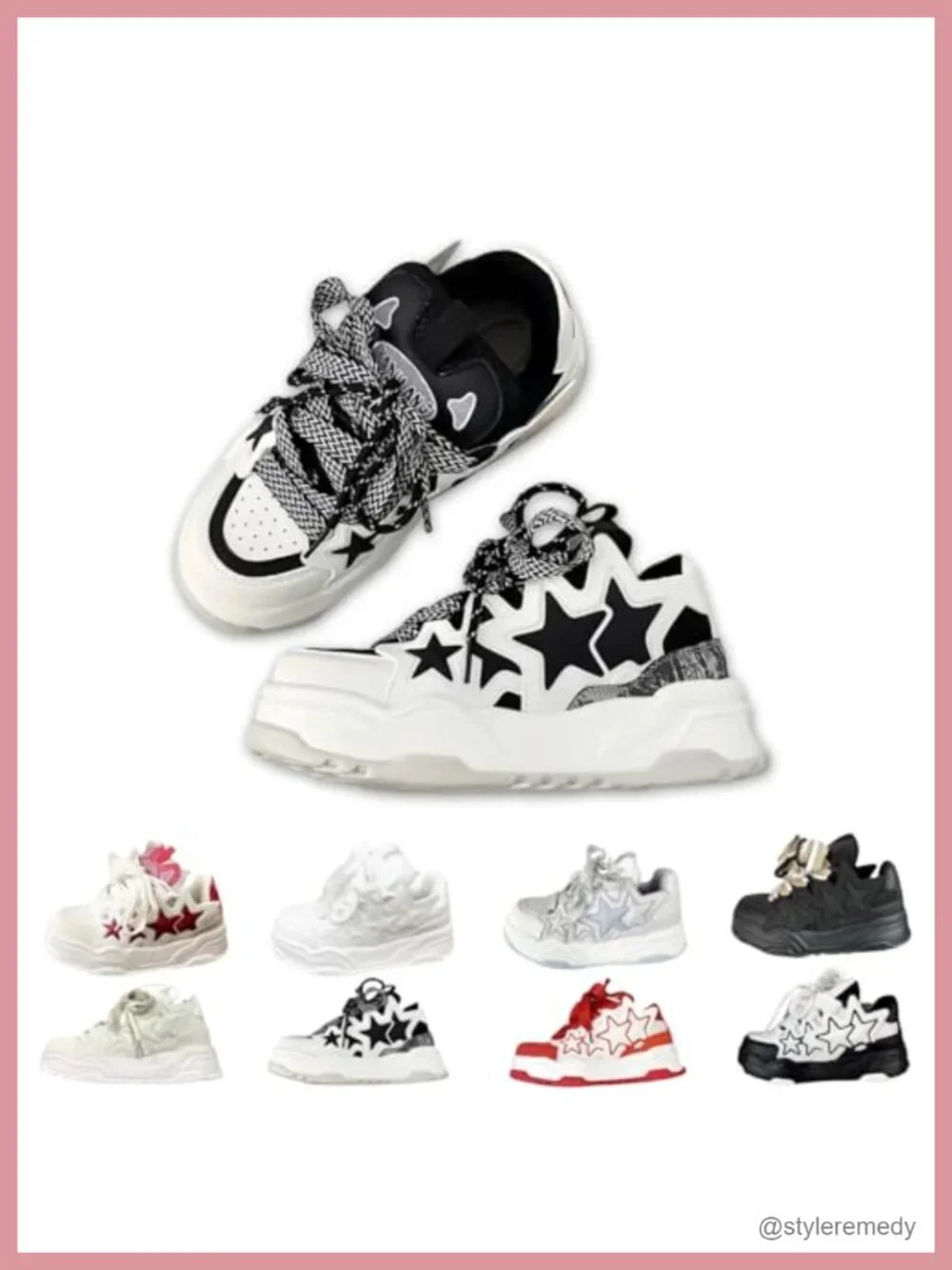 Women Chunky Sneakers Star Decor Dad Shoes Lace-Up Mesh Faux Leather Platform